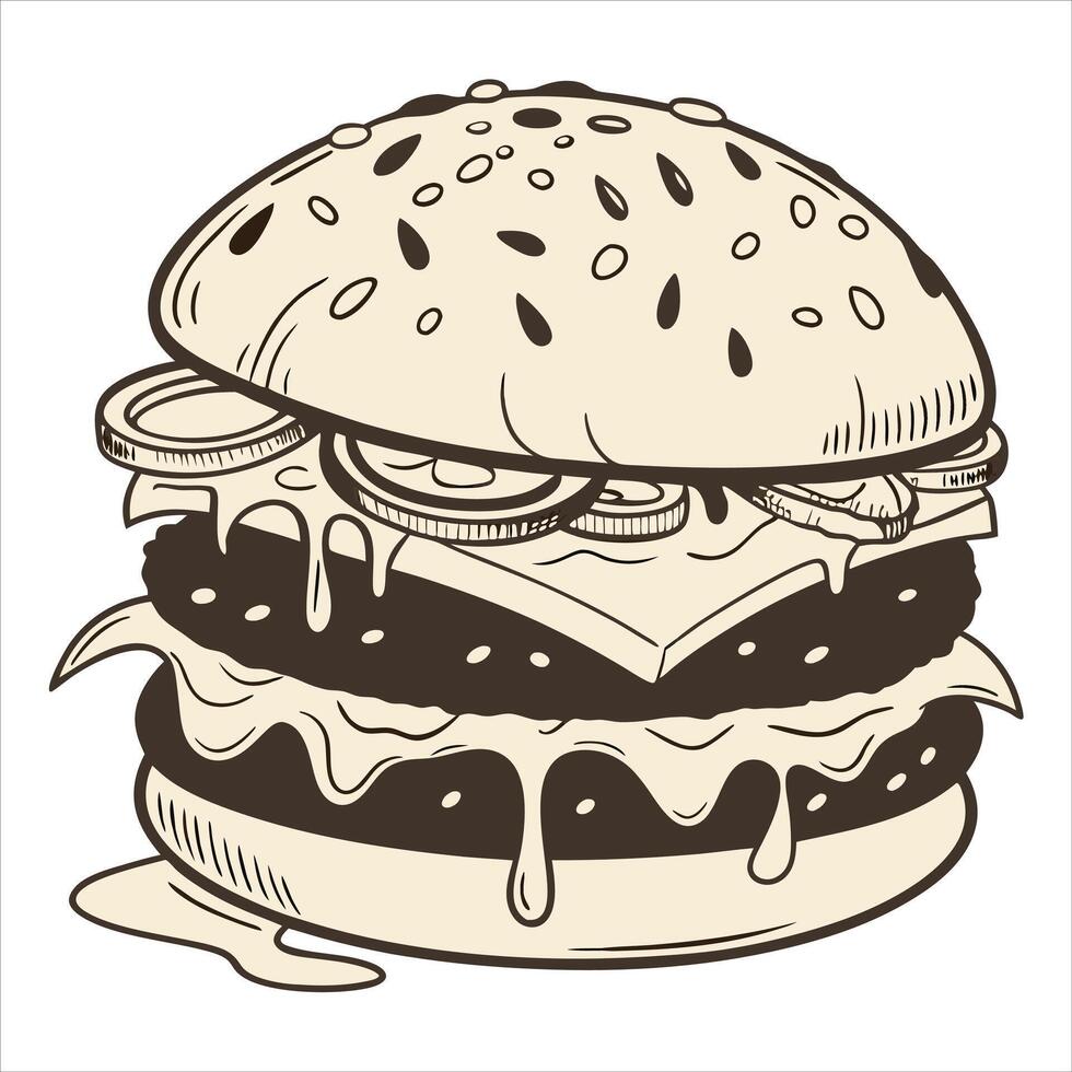 minimal, flat-style illustration of a juicy cheeseburger with double patties, melted cheese, and a sesame seed bun vector