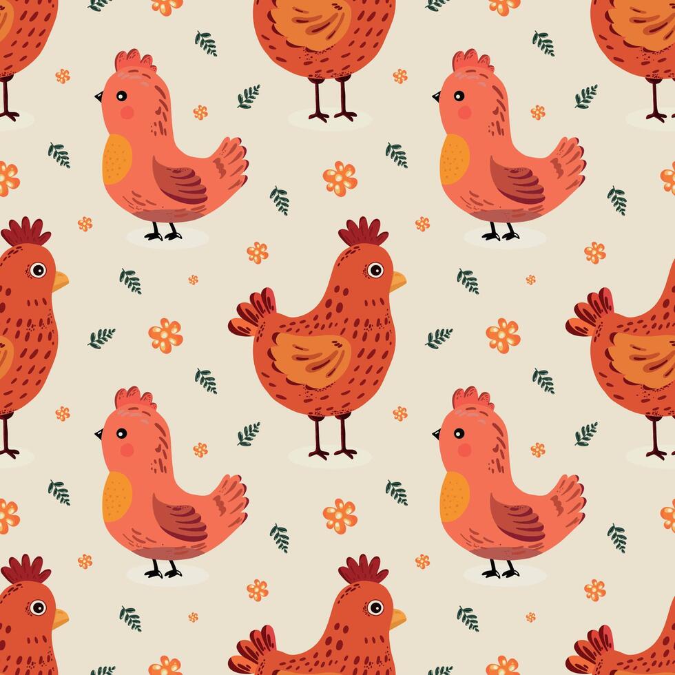 A pattern with flowers and a chicken. Cute poultry. Children's flat cartoon illustration. vector