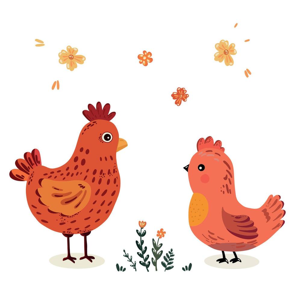 Cartoon red and orange chicken and twigs, illustration highlighted on a white background. vector
