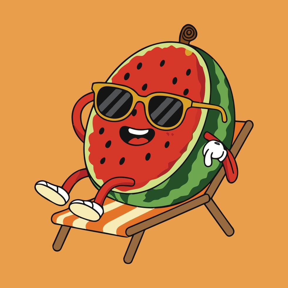 Watermelon Slice Mascot Relaxing in Lounge Chair vector