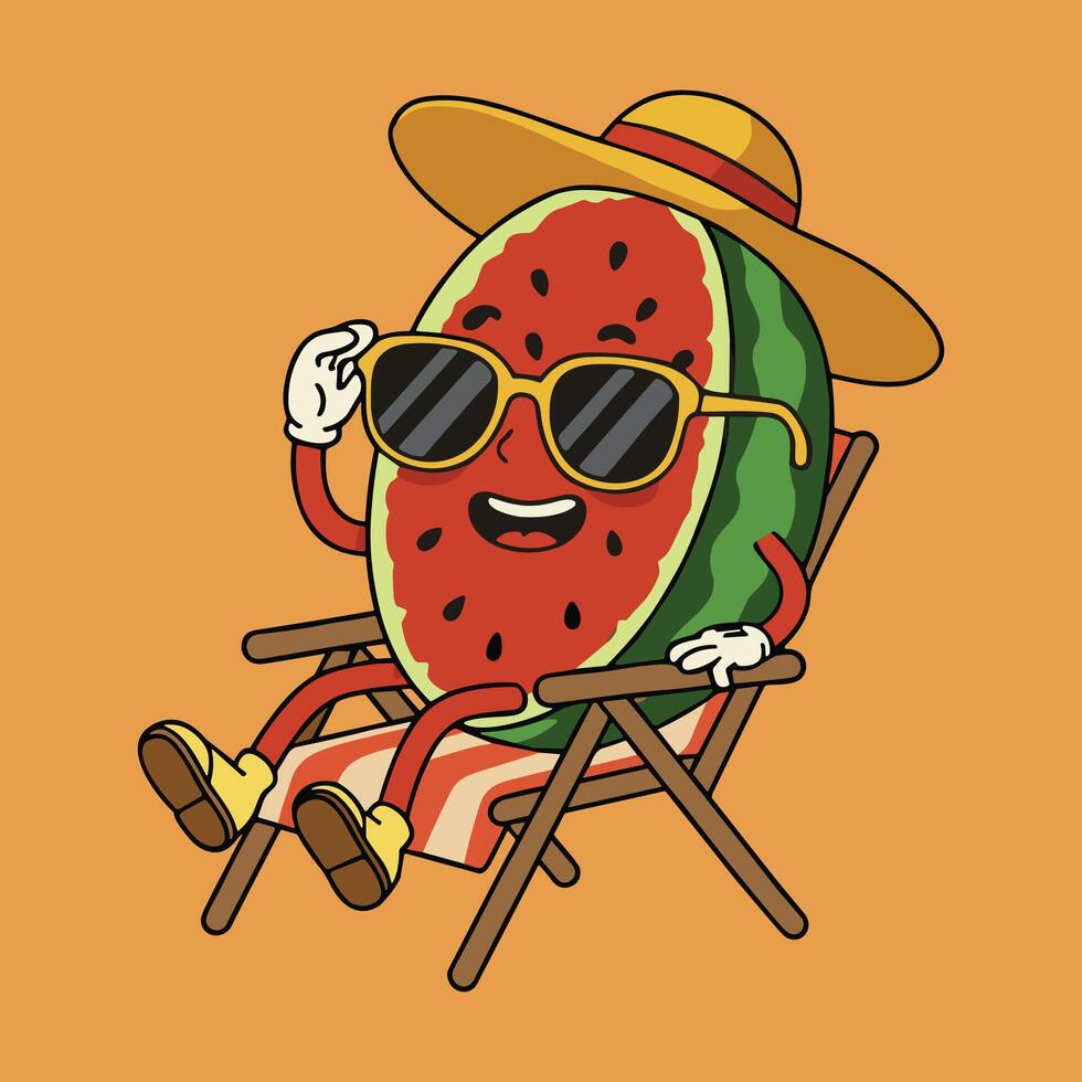 Cheerful Watermelon Slice Mascot Relaxing in Beach Lounge Chair vector
