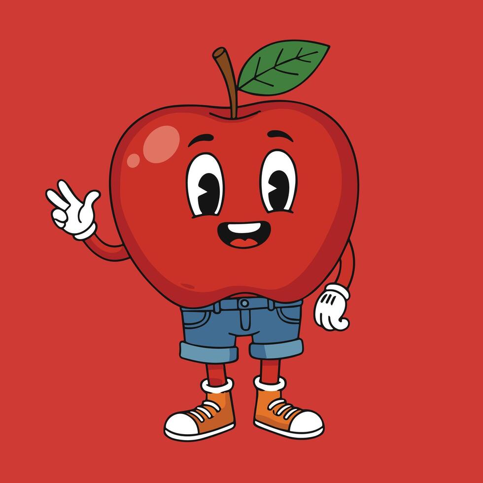 Retro Groovy Red Apple Fruit Mascot vector