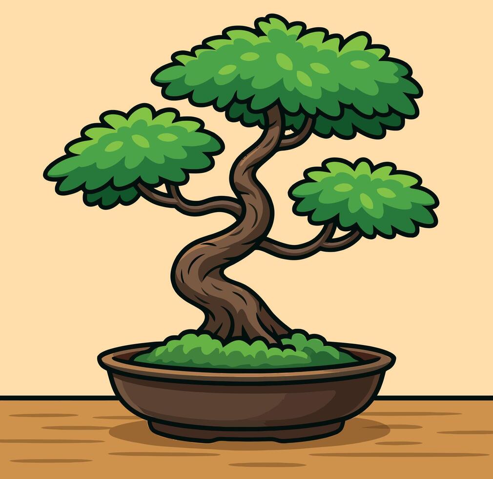 Cartoon Style Bonsai Tree in Ceramic Pot vector