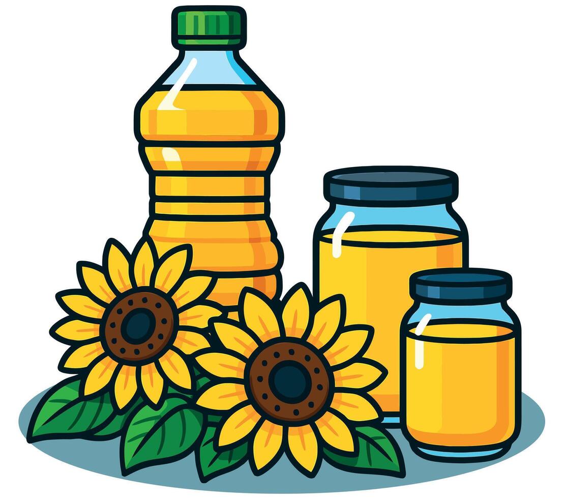 Cartoon Style Sunflower Oil Bottles and Flowers vector