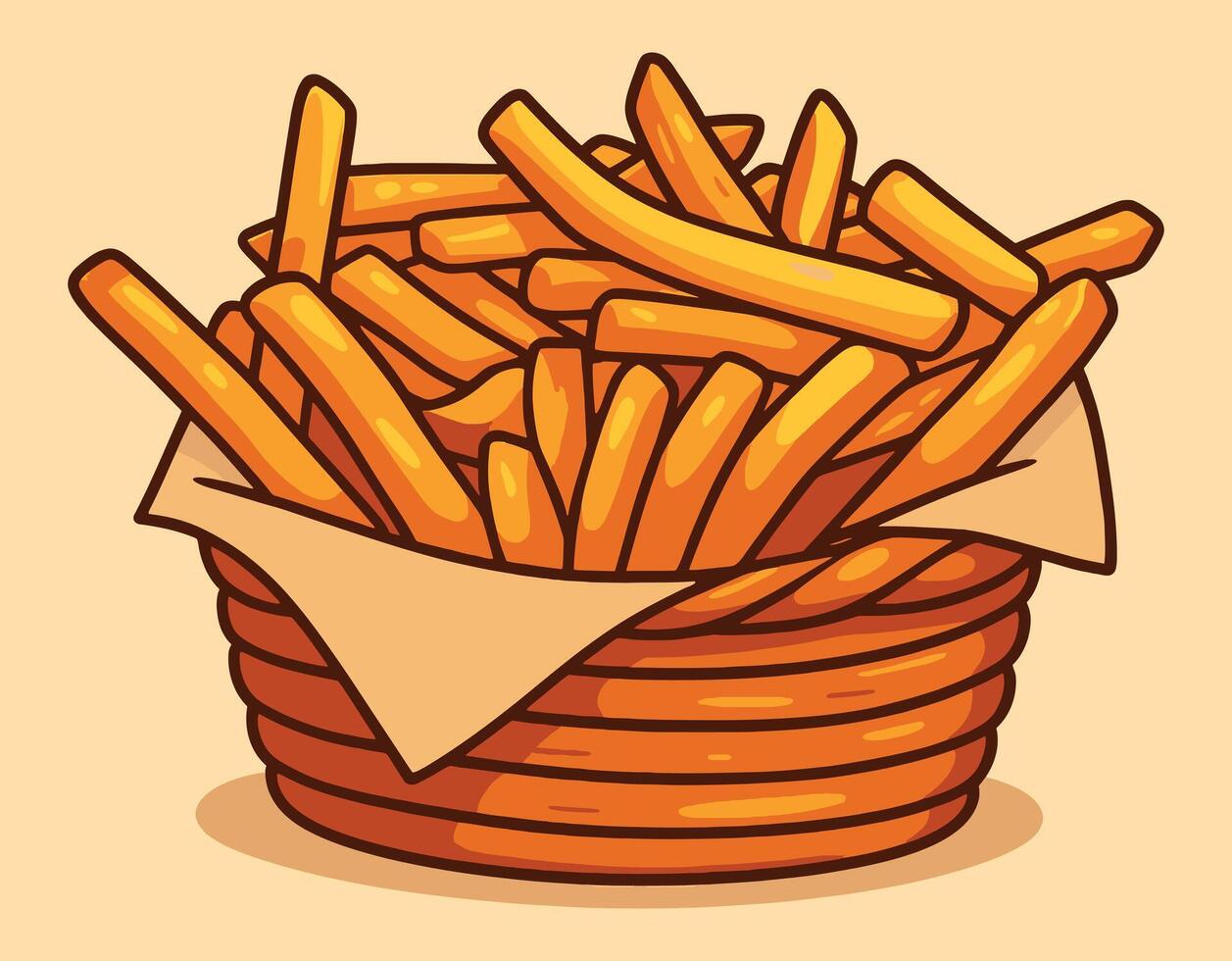 Cartoon Style French Fries in Wicker Basket on Table vector