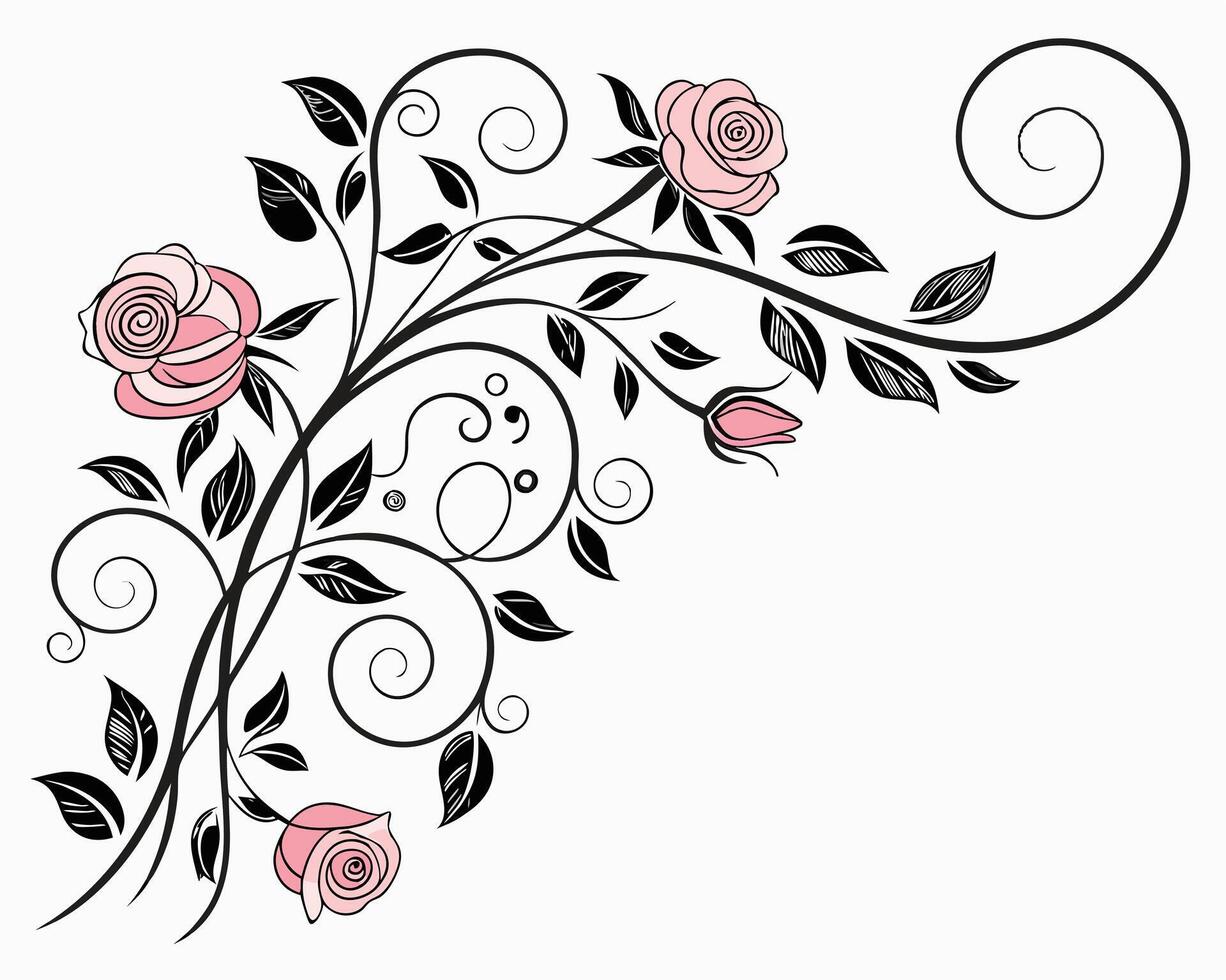 a floral design with pink roses and black swirls vector