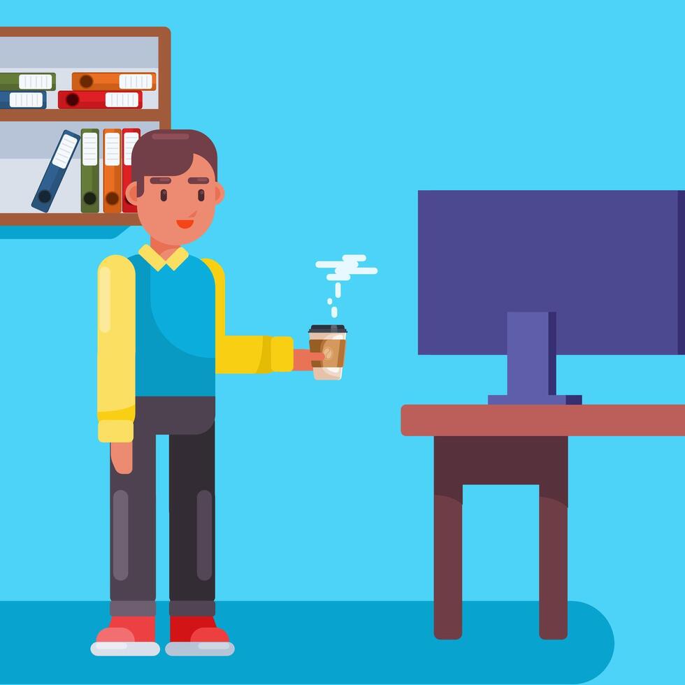 Man take a break with cup of coffee , working desk with working man and computer.svg vector