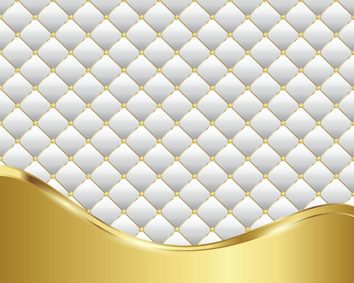White diamond shape upholstery luxury background with golden buttons border with golden ribbon and strip vector