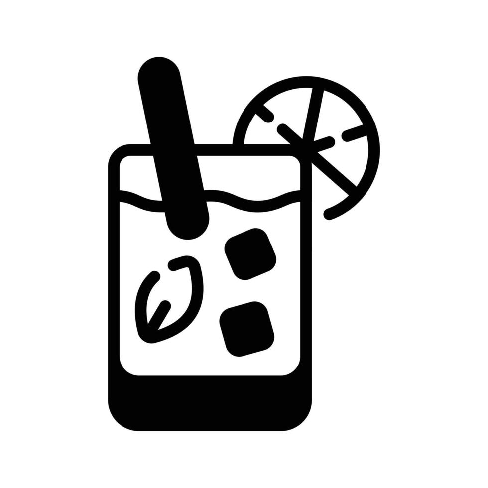 This glyph icon showing a chilled drink glass with straw in it. vector