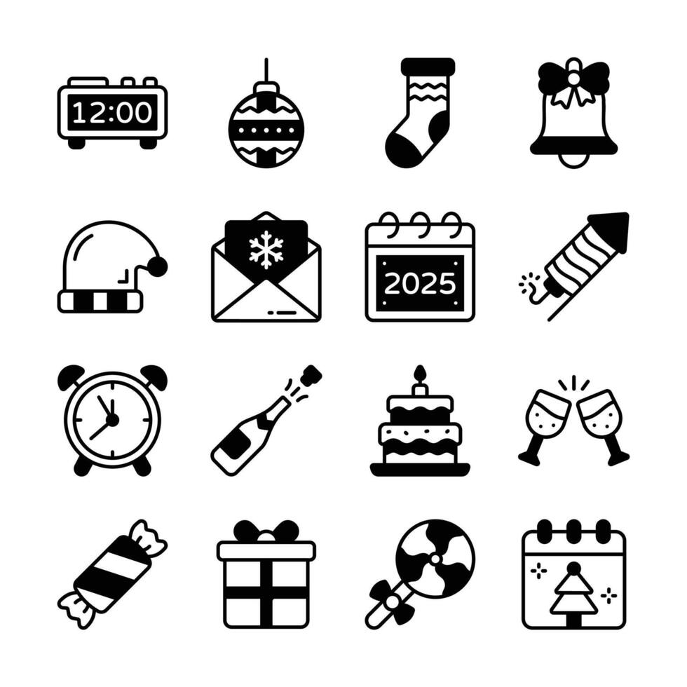 Get this handy collection of xmas and new year party glyph icons. vector