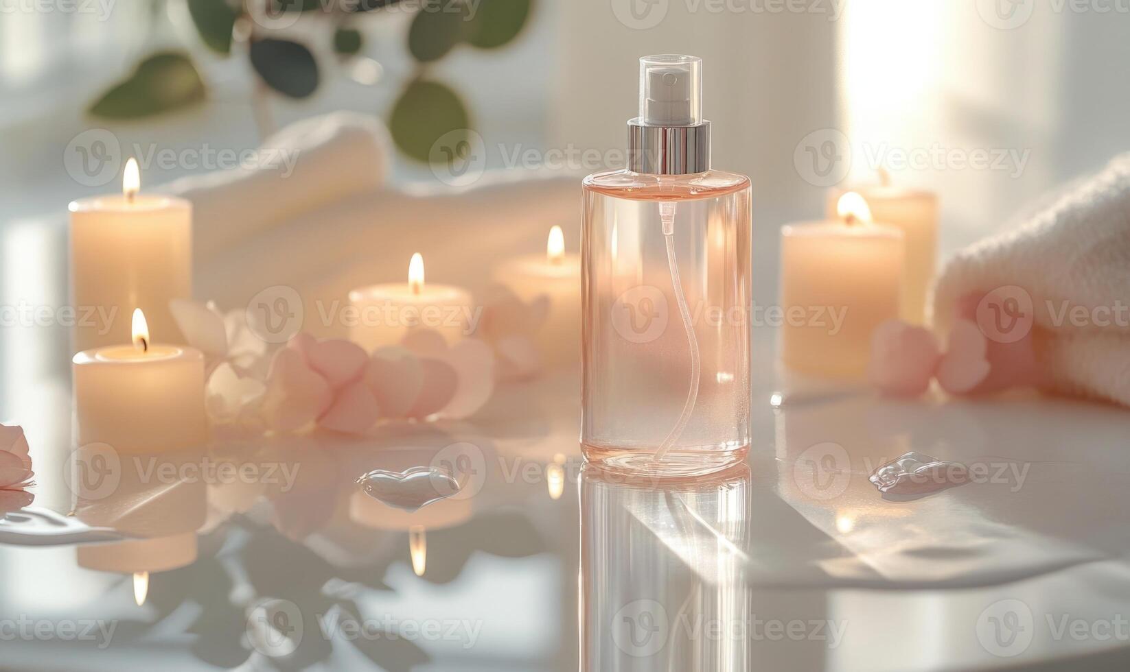 A bottle of perfume is on a table next to candles. photo
