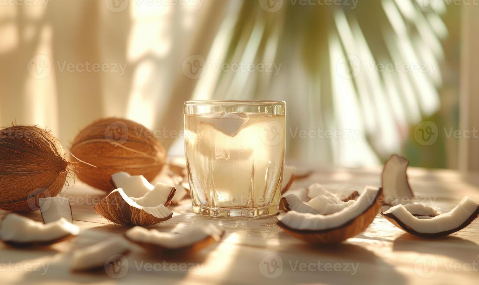 coconut water with coconut shells on a table photo