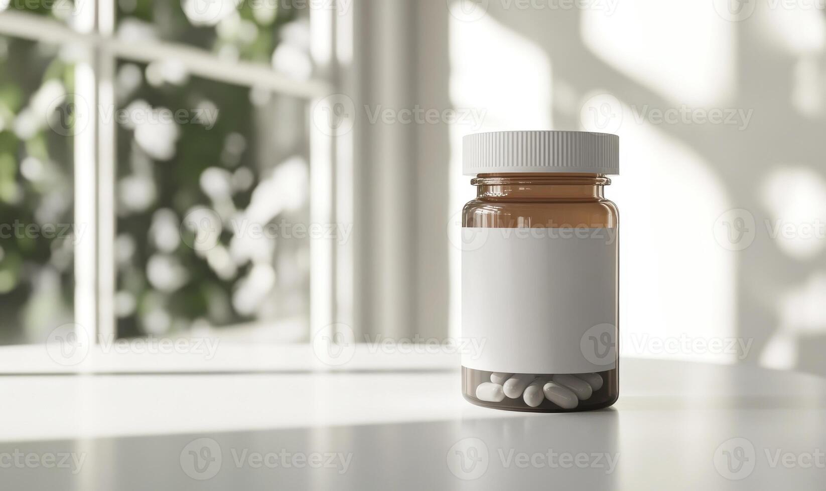 a bottle of pills sitting on a table, bottle of pills mockup photo