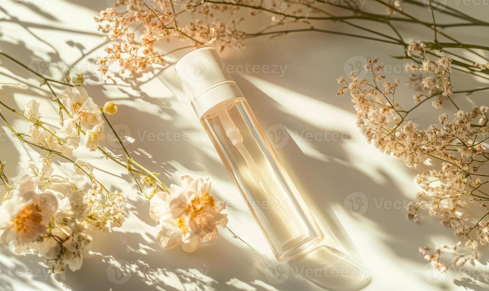 A transparent bottle of perfume is on a table next to some flowers photo