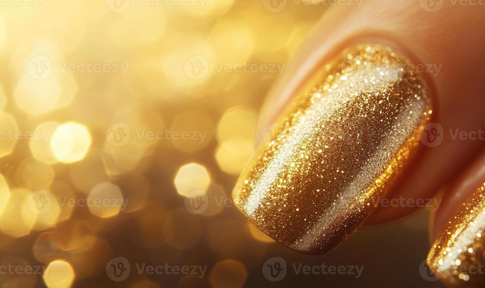 gold glitter nail polish on a woman's hand photo