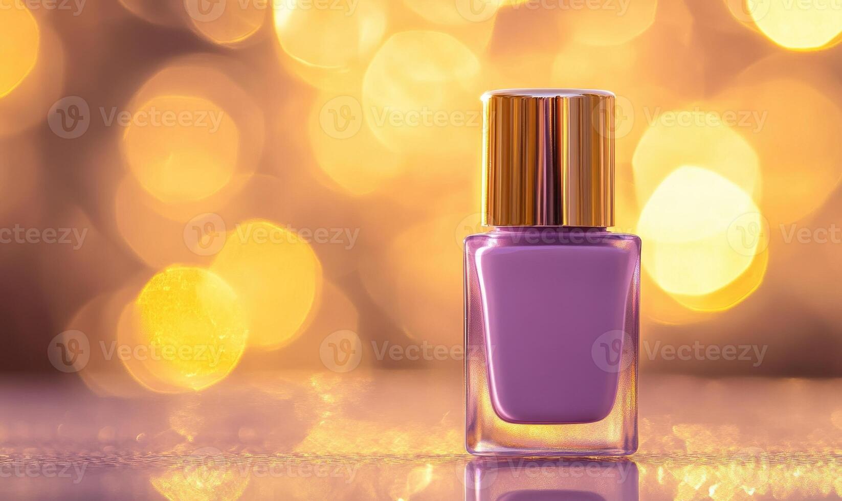 purple nail polish bottle on a table with bokeh lights photo