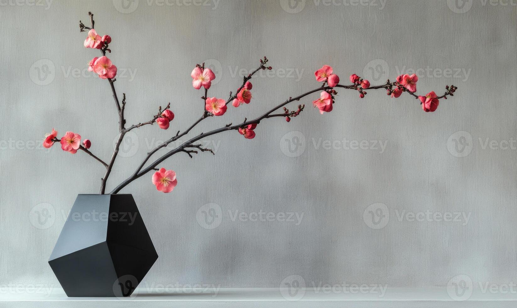 A vase with a branch of red flowers in it photo