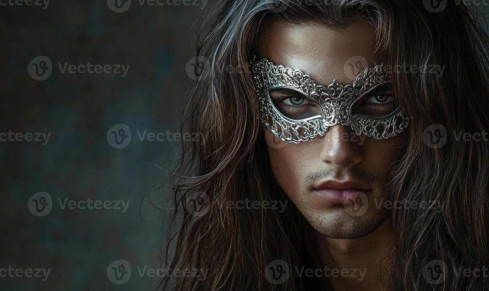 A man with long hair and a silver mask on his face photo