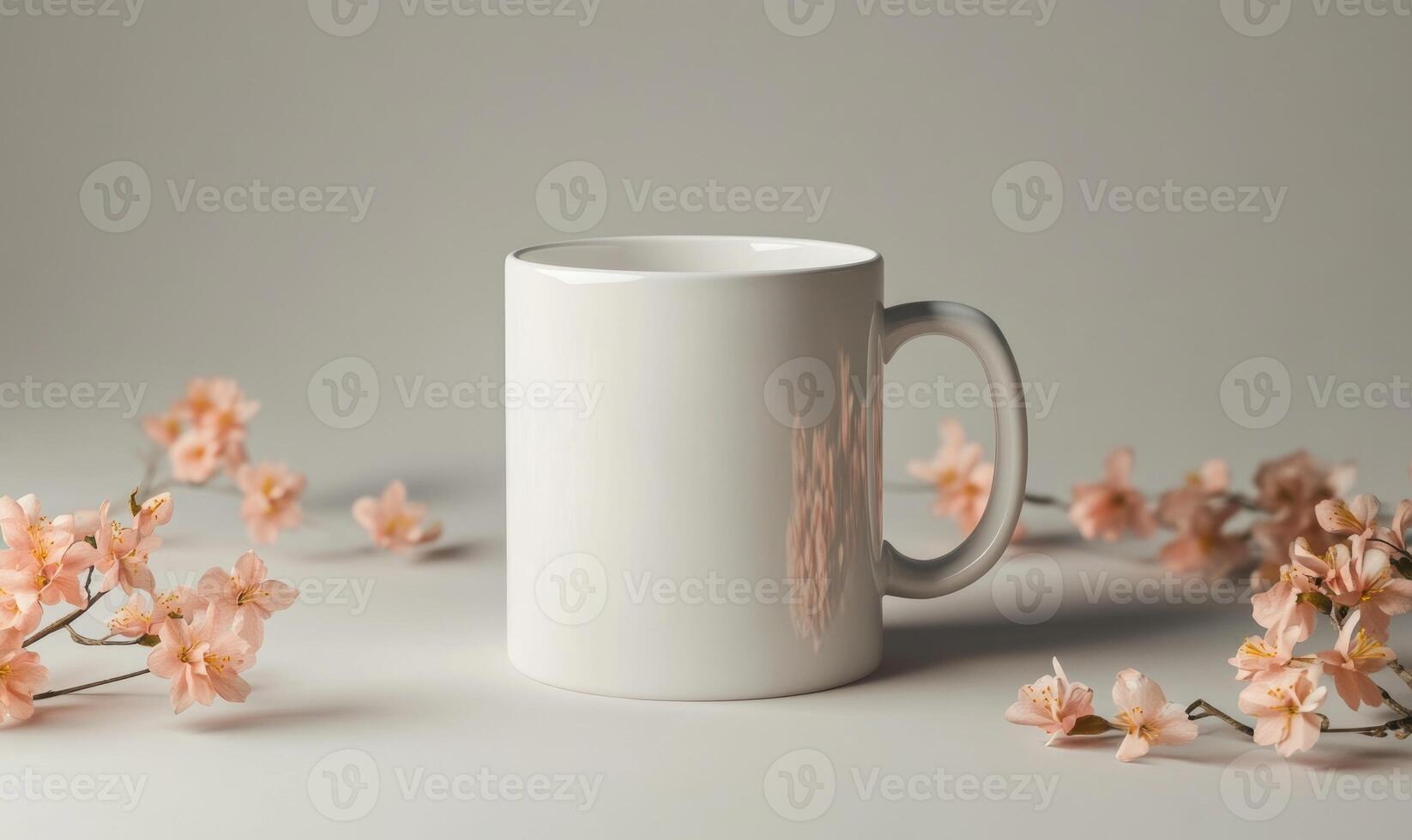 a white coffee mug with pink flowers on a gray background photo