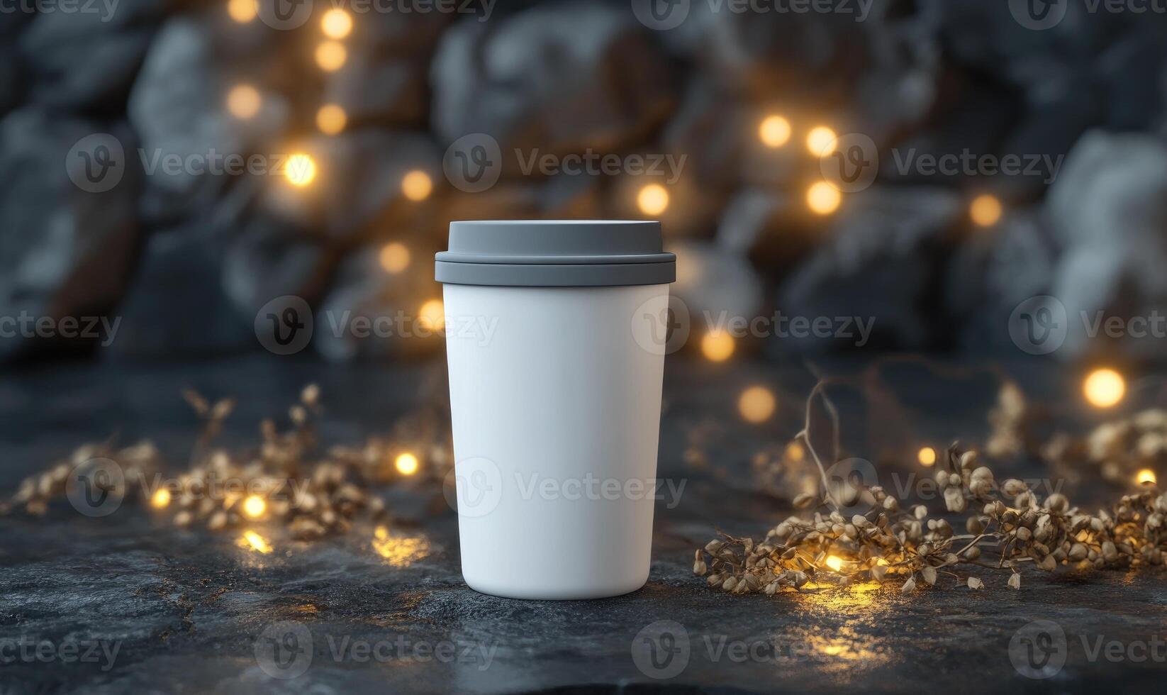 A white coffee cup sits on a dark surface with a few strands of grass around it photo