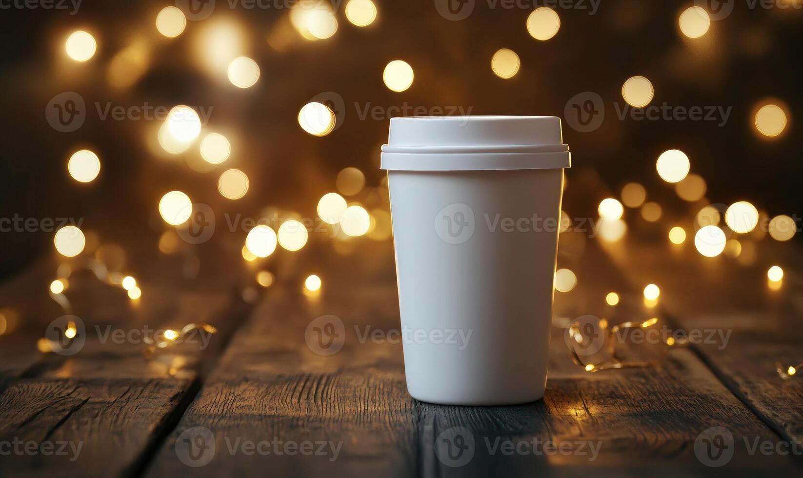 a white cup with a lid sits on a wooden table with lights photo