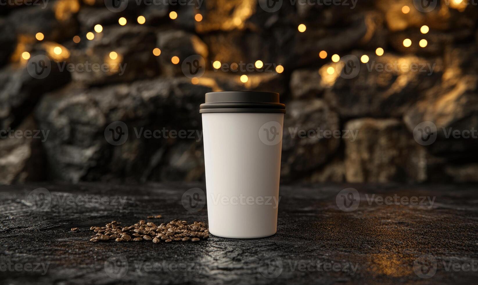 A white coffee cup with a lid sits on a table next to a pile of coffee beans photo