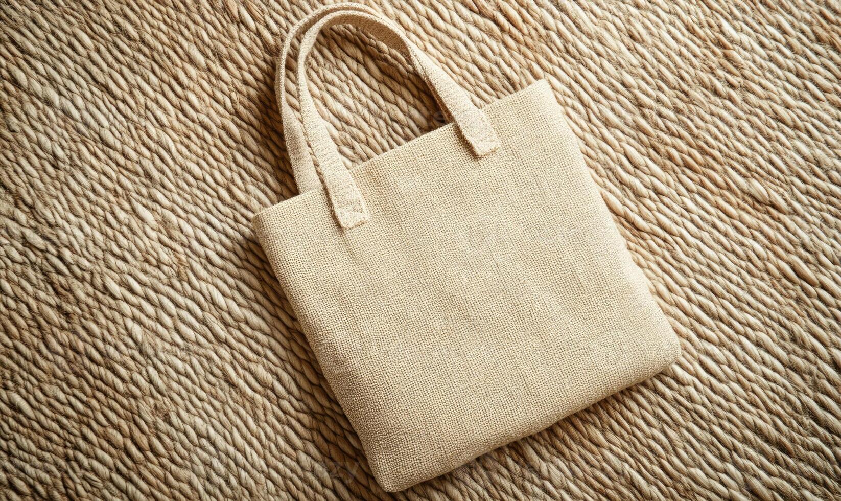 A tan purse with a brown handle sits on a carpet photo