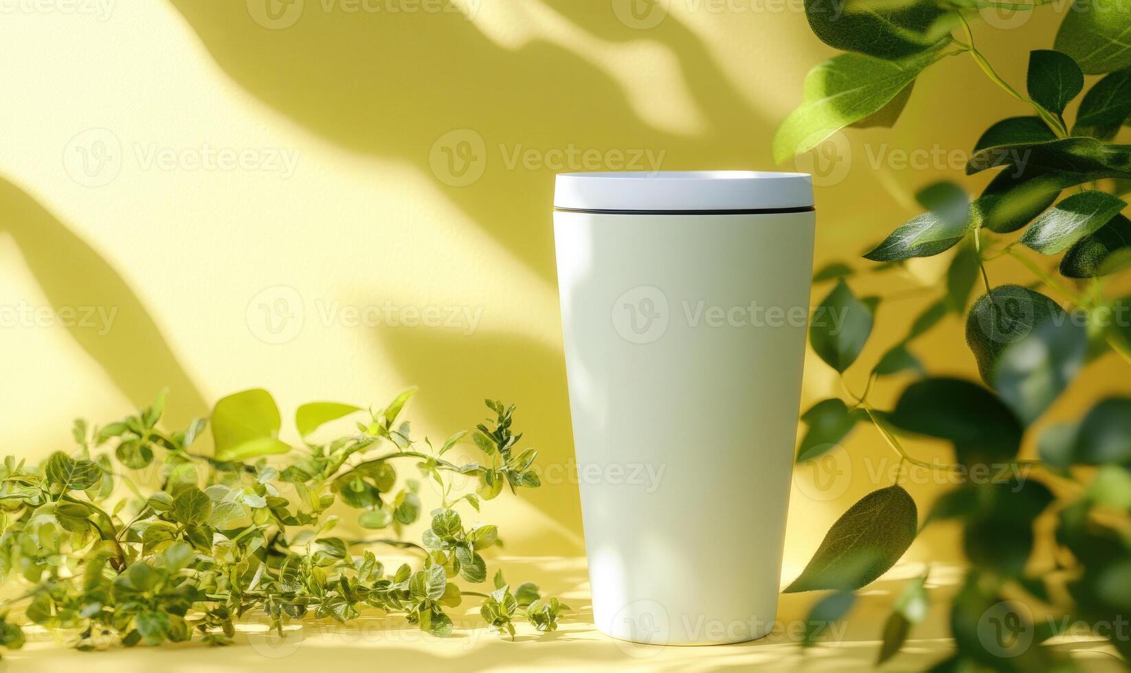 a white cup sitting on a yellow surface next to green plants photo