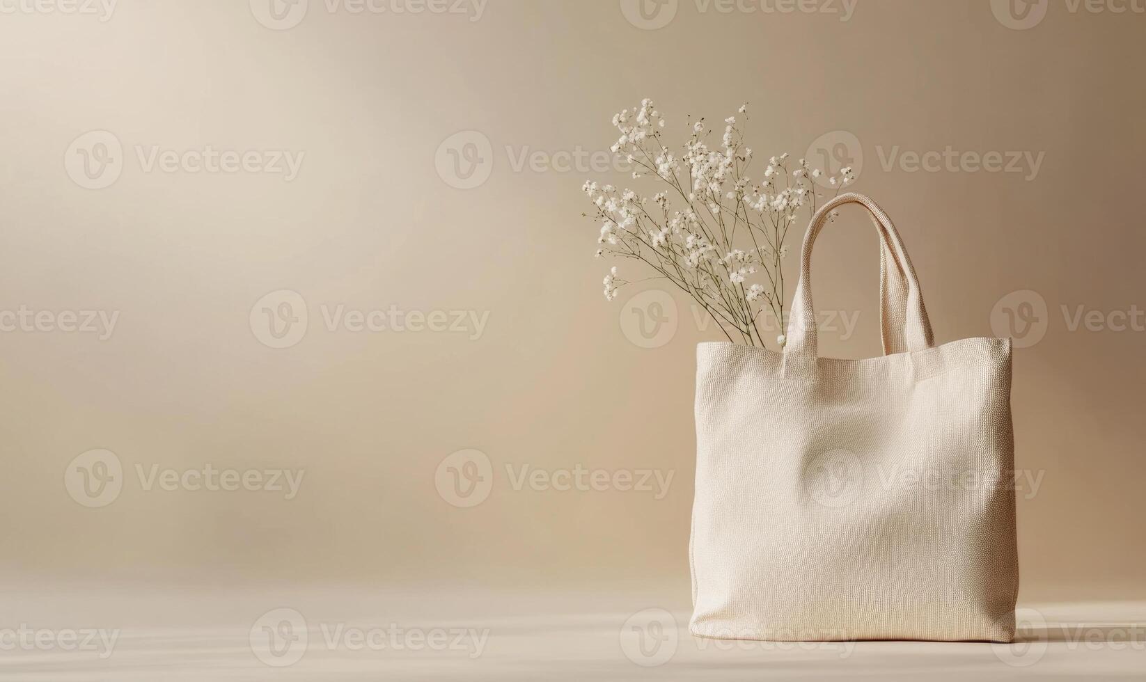 A white canvas bag with a white flower in it photo