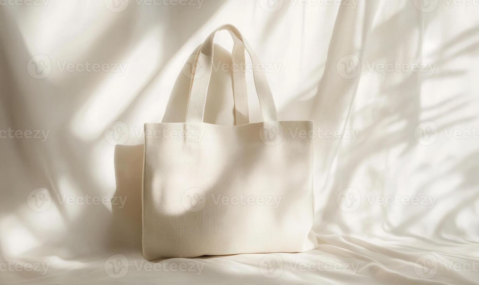 A white bag with a pattern on it is sitting on a white surface photo
