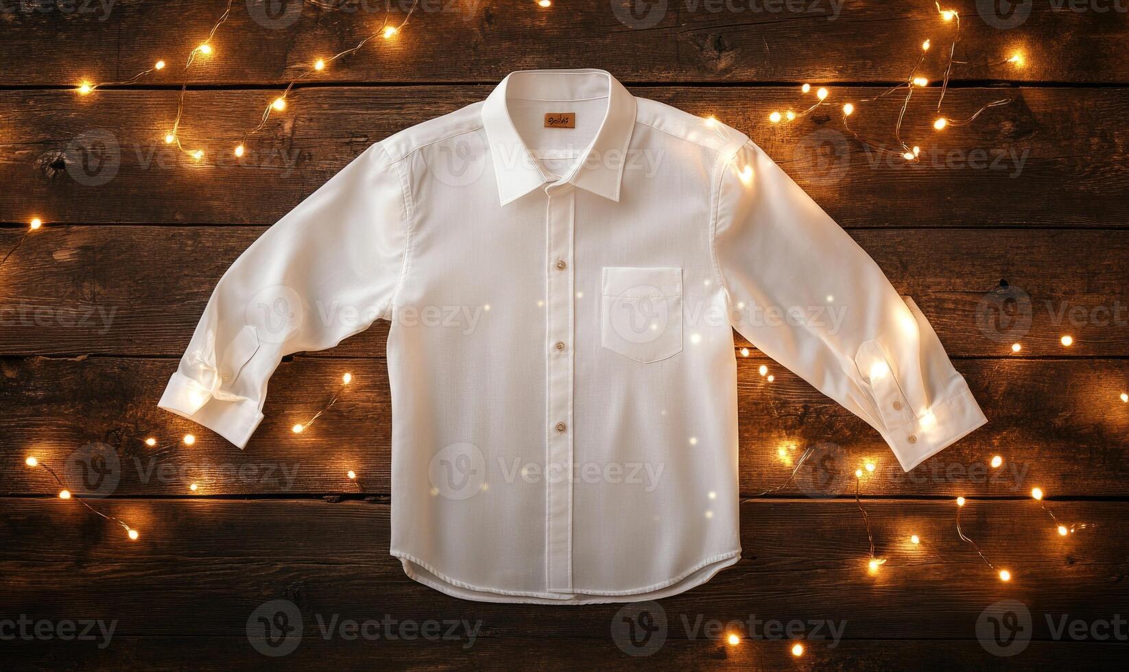 A white shirt with a brown tag is displayed on a wooden surface photo