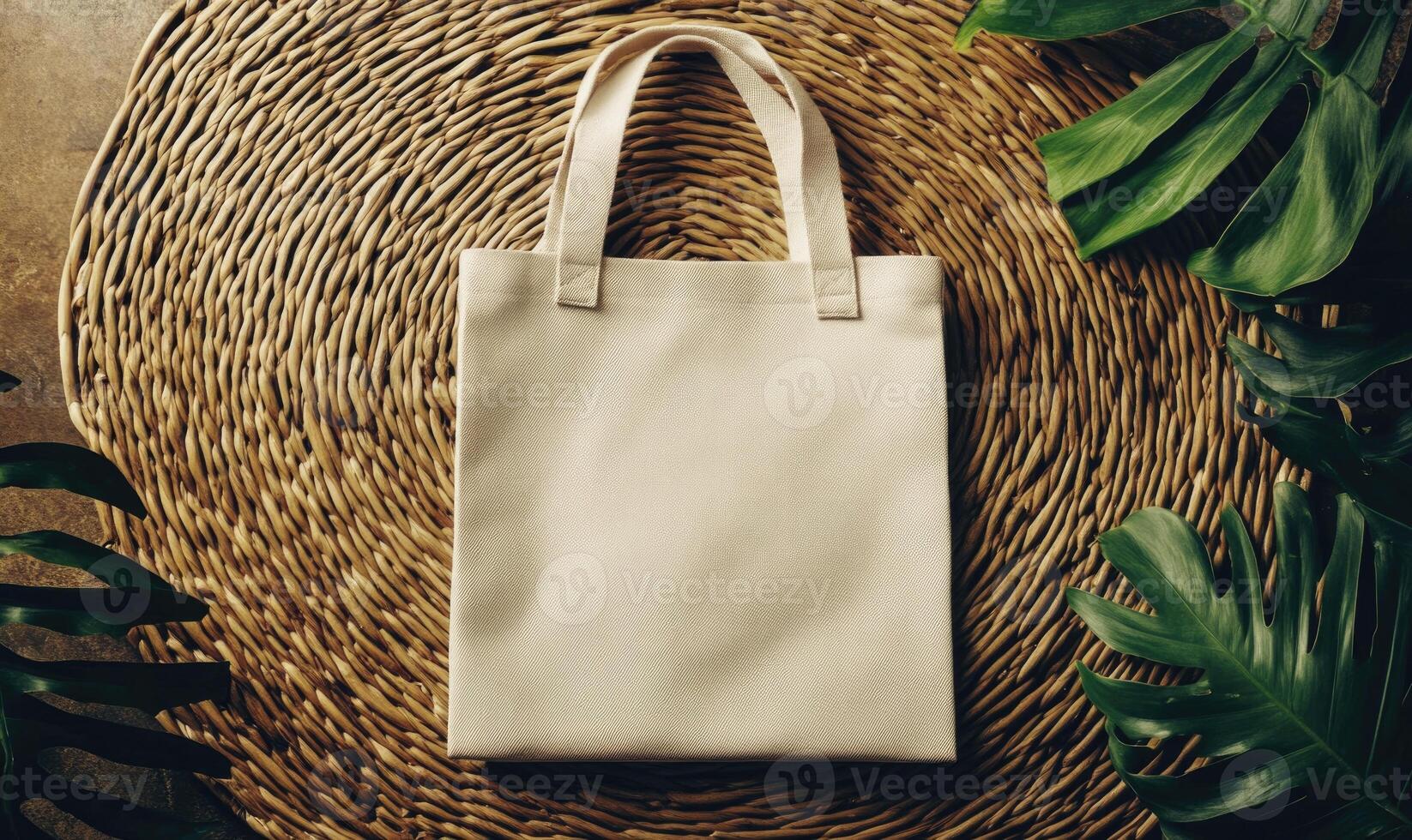 A white bag with a pattern on it sits on a rug photo