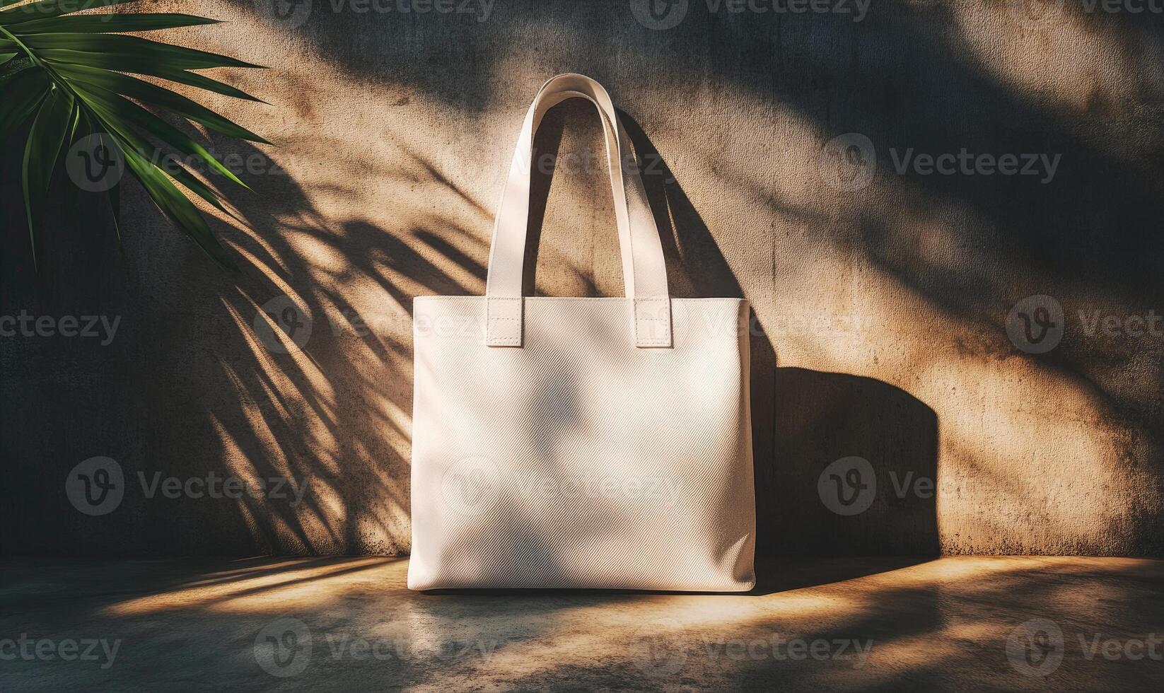 A white purse with a logo on it is sitting on a concrete floor photo