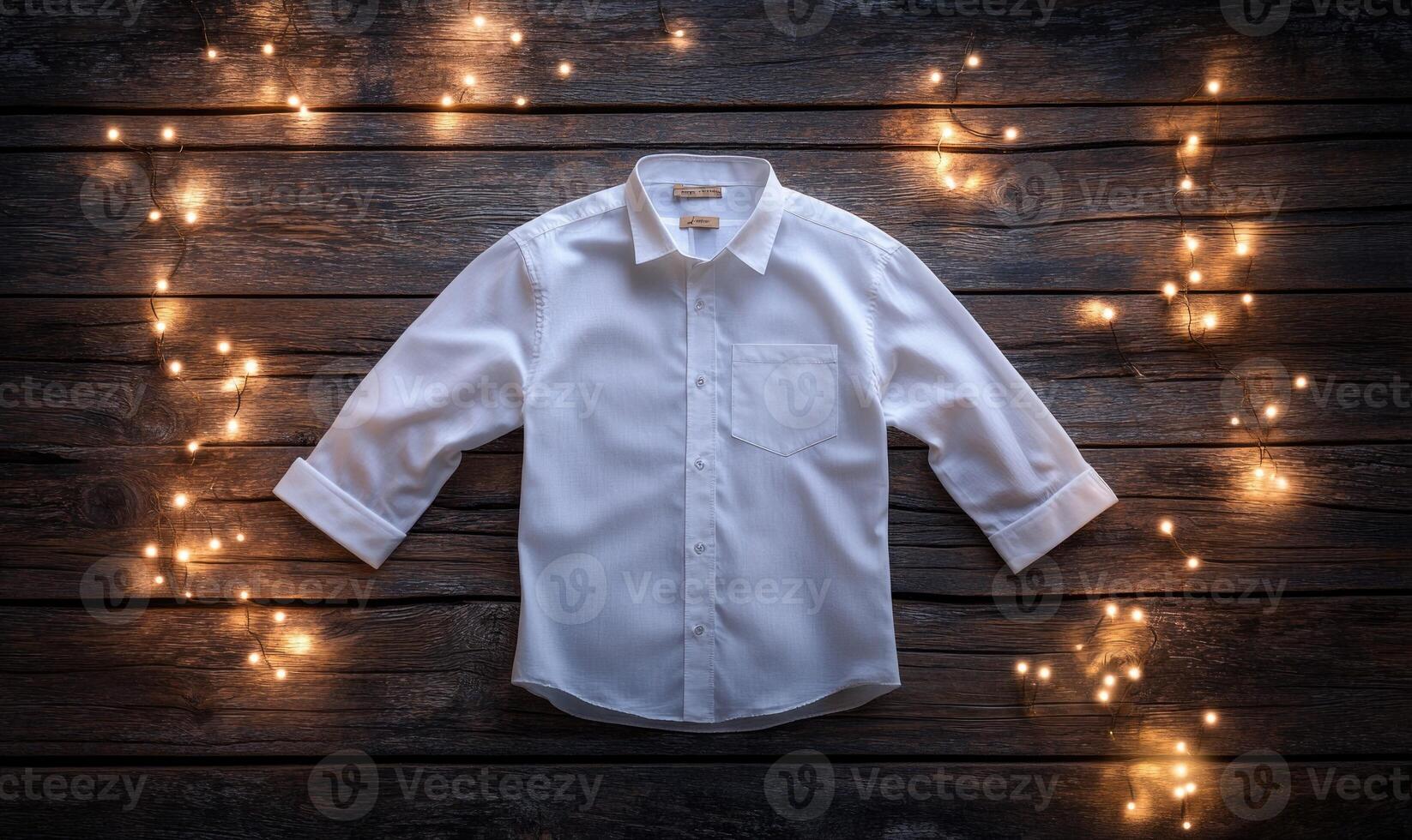 A white shirt is displayed on a wooden surface with a star pattern photo
