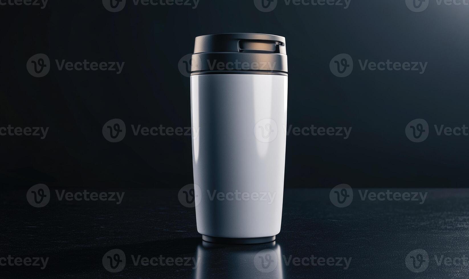 A white cup with a lid sits on a dark surface photo