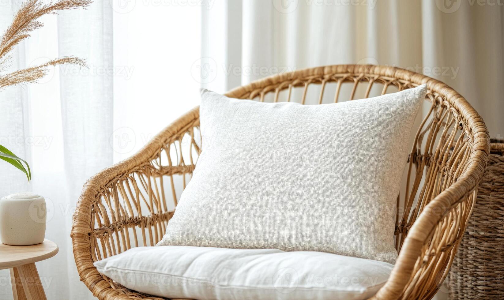 A white pillow sits on a wicker chair in front of a window photo