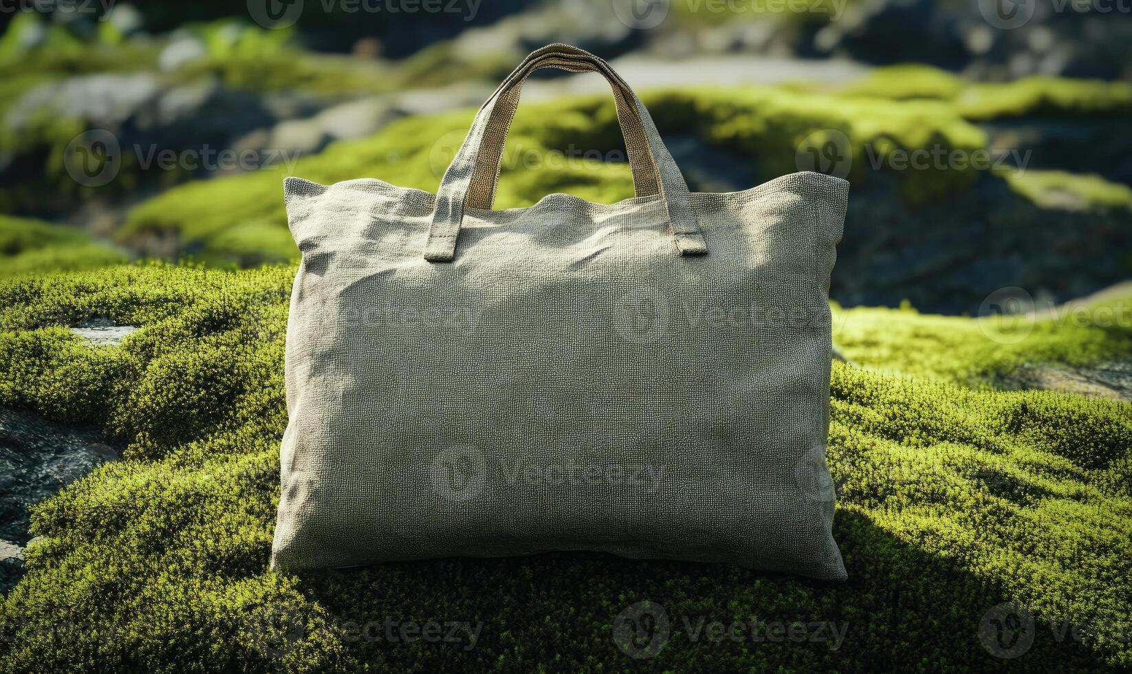 A brown bag with a green handle sits on a mossy rock photo