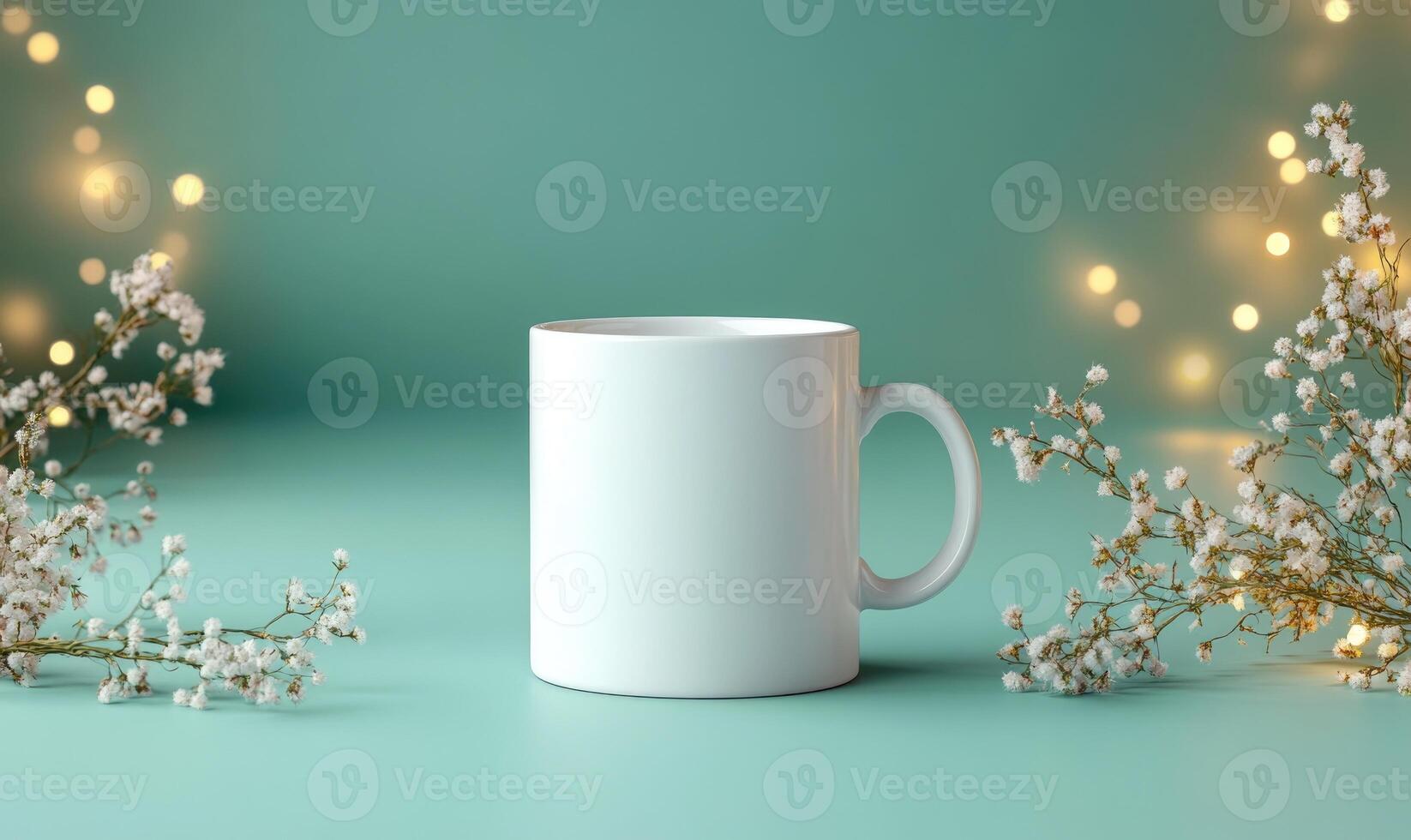 A white coffee cup is sitting on a table next to a bunch of white flowers photo