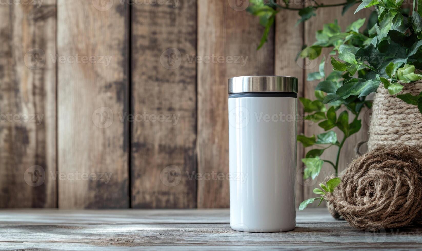 A white coffee cup sits on a wooden table next to a plant photo