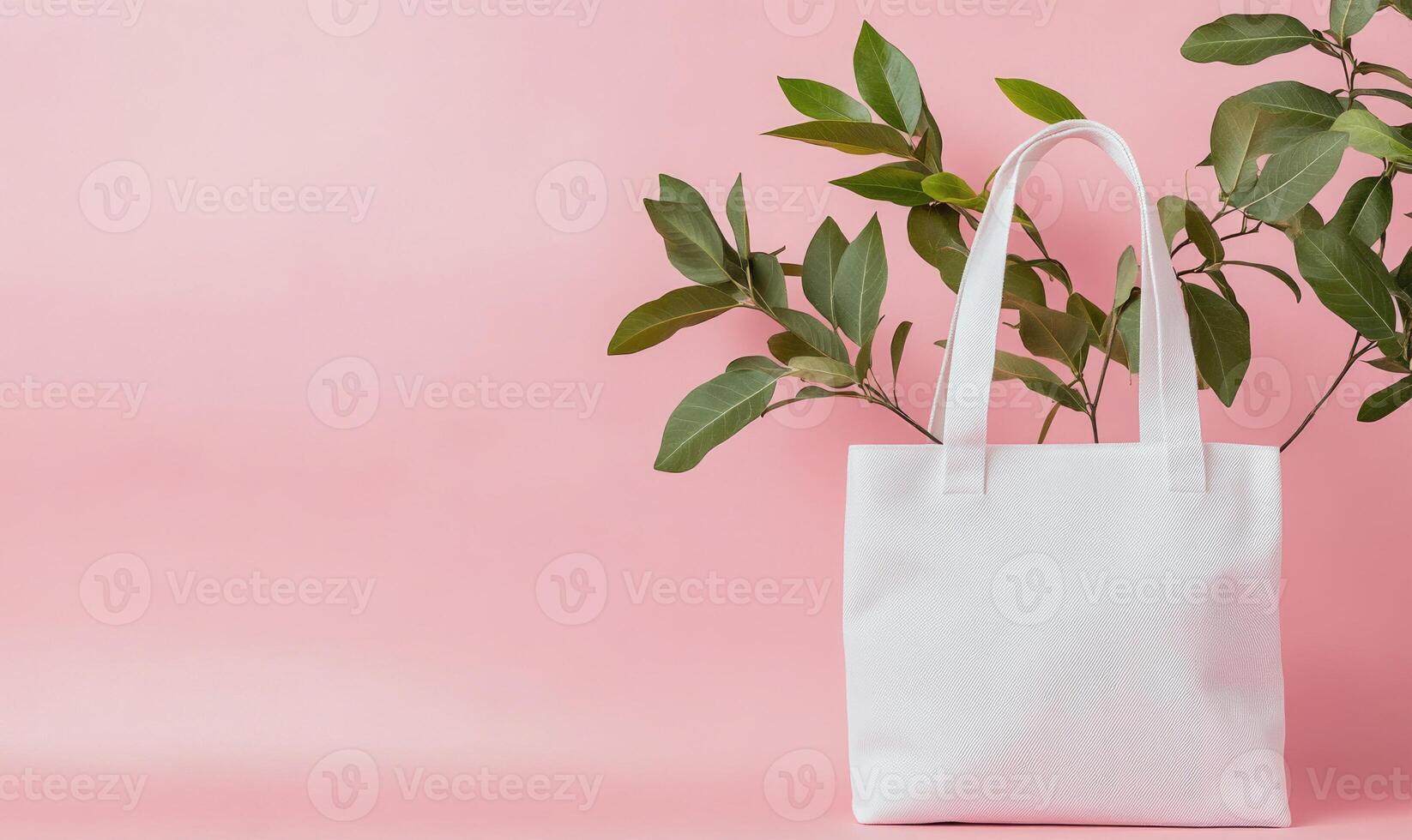 A white bag with a leaf on it is on a pink background photo