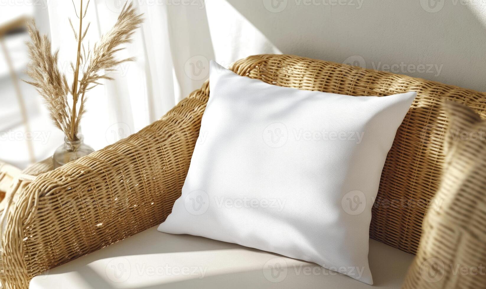 A white pillow sits on a wicker chair in a room with a vase of flowers in the ba photo