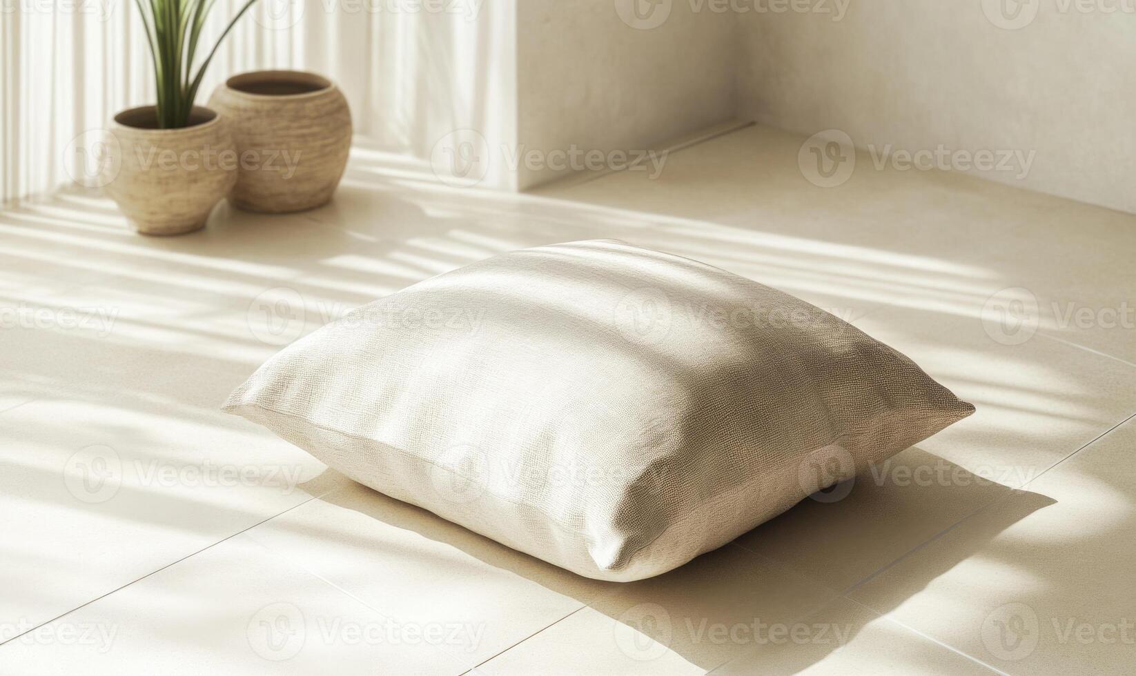 A white pillow sits on a floor in a room with a window photo