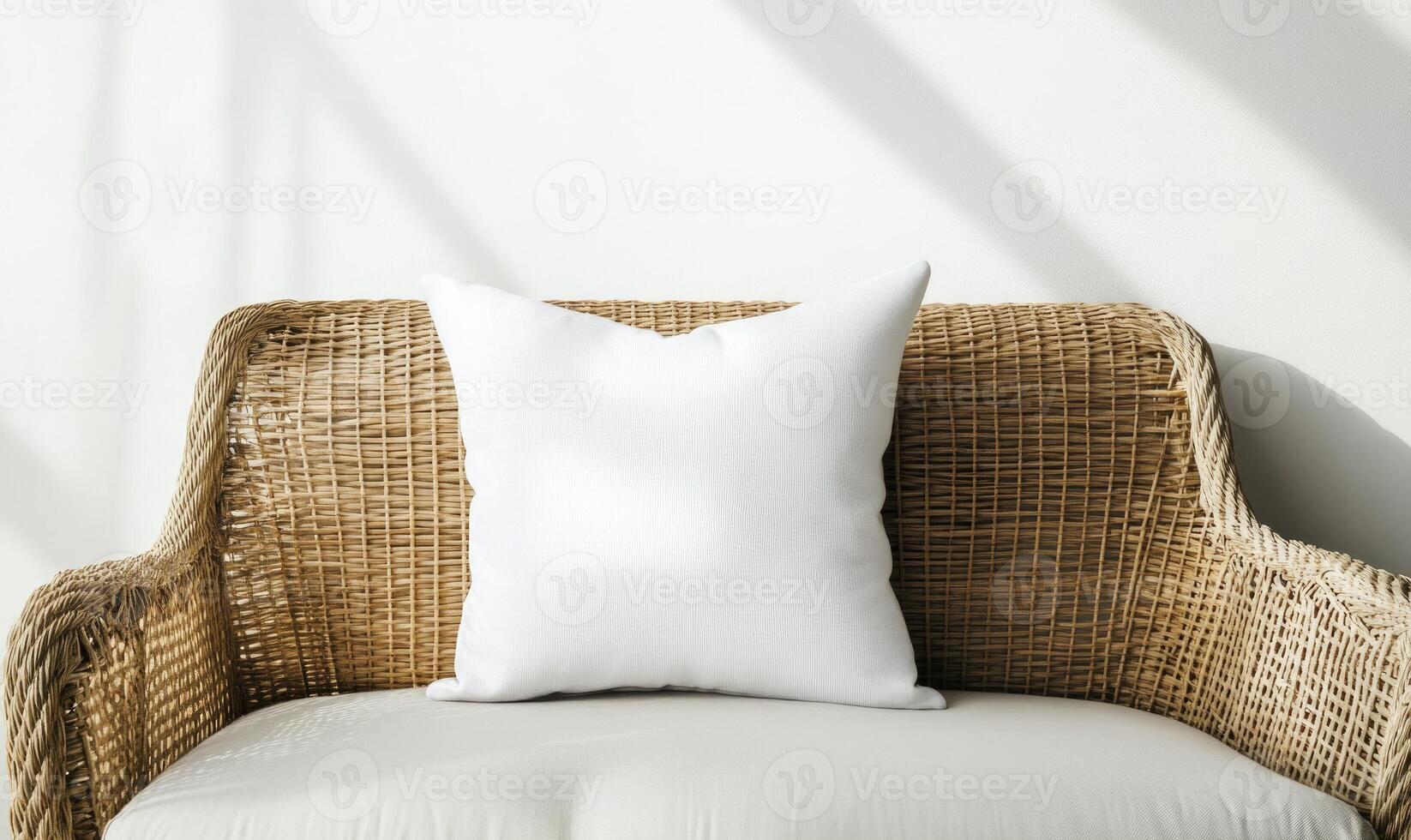 A white pillow sits on a wicker couch, with the sun shining on it photo