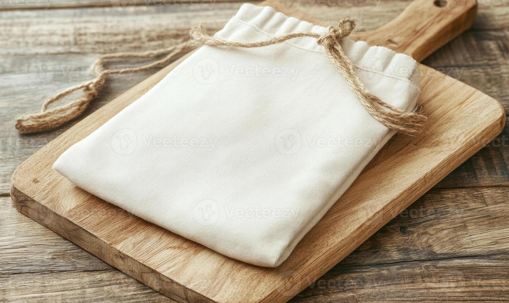 A white cloth bag is tied to a wooden cutting board photo