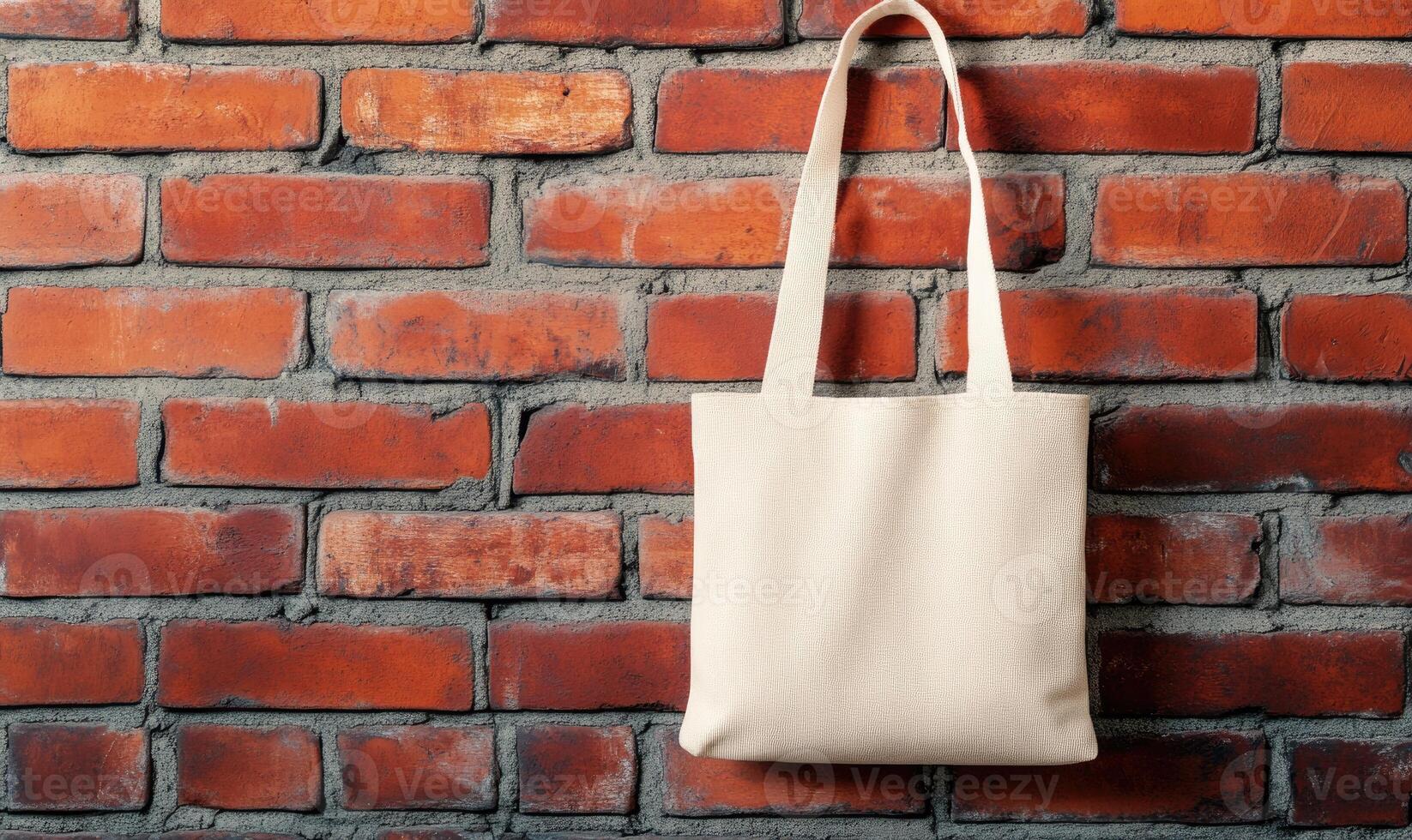 A white bag is hanging on a brick wall photo