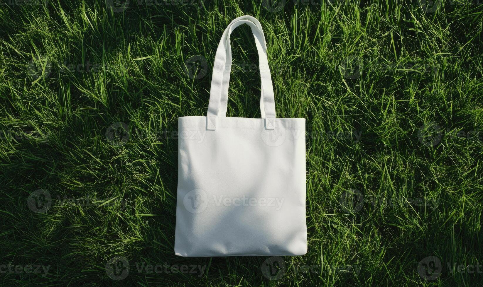 A white canvas bag is sitting on a green field photo