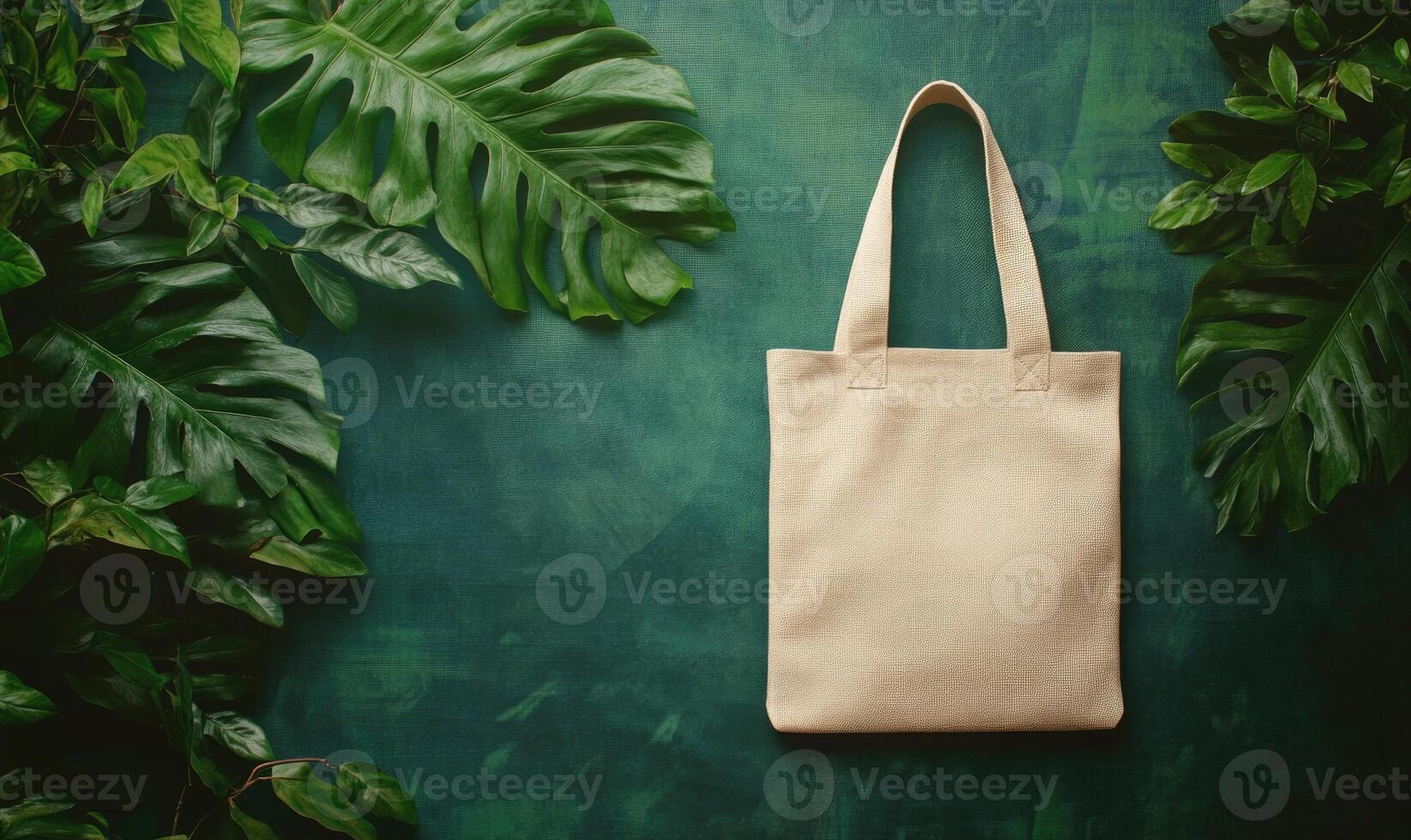 A white canvas bag is displayed on a green background photo