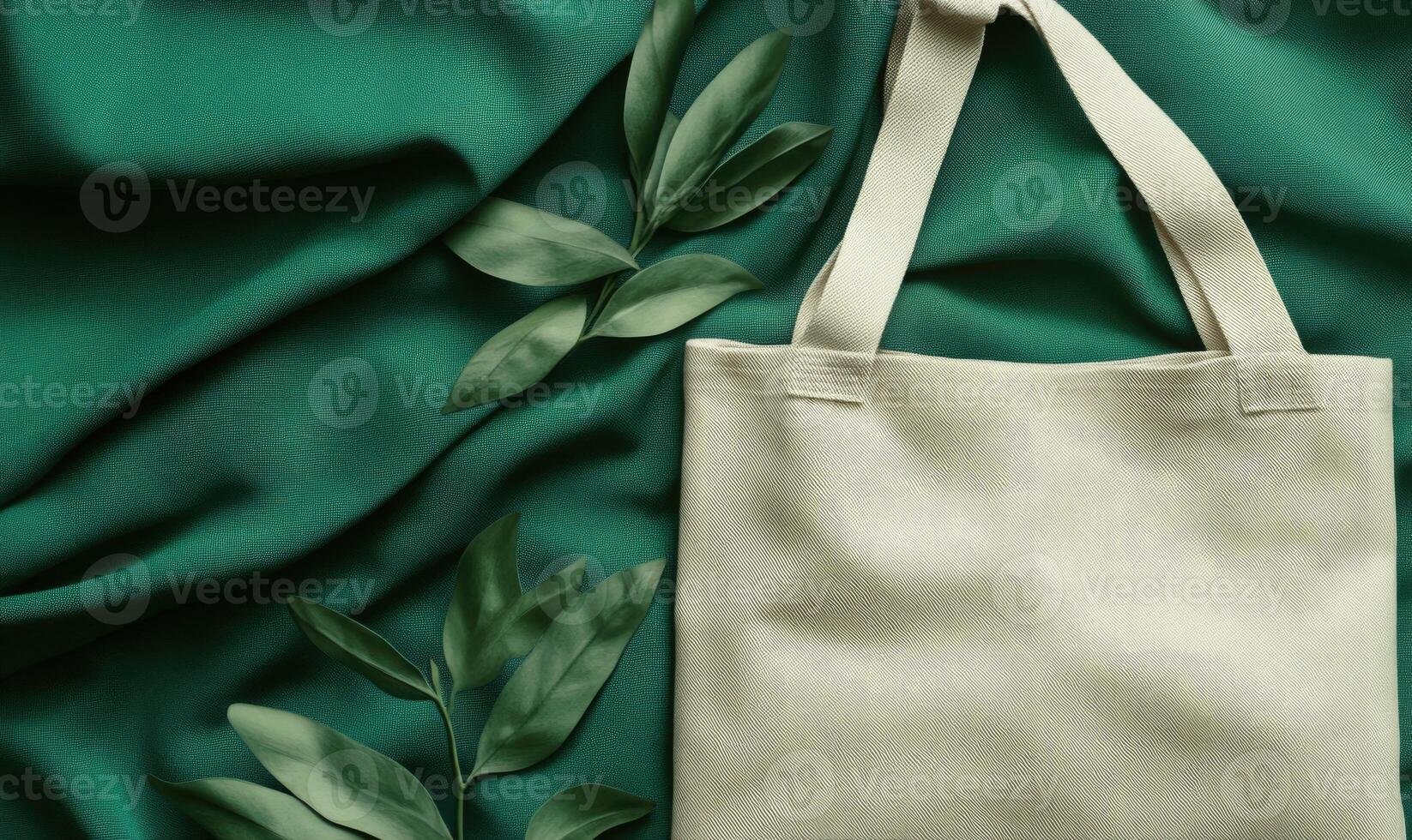 A green leafy plant is next to a white bag photo