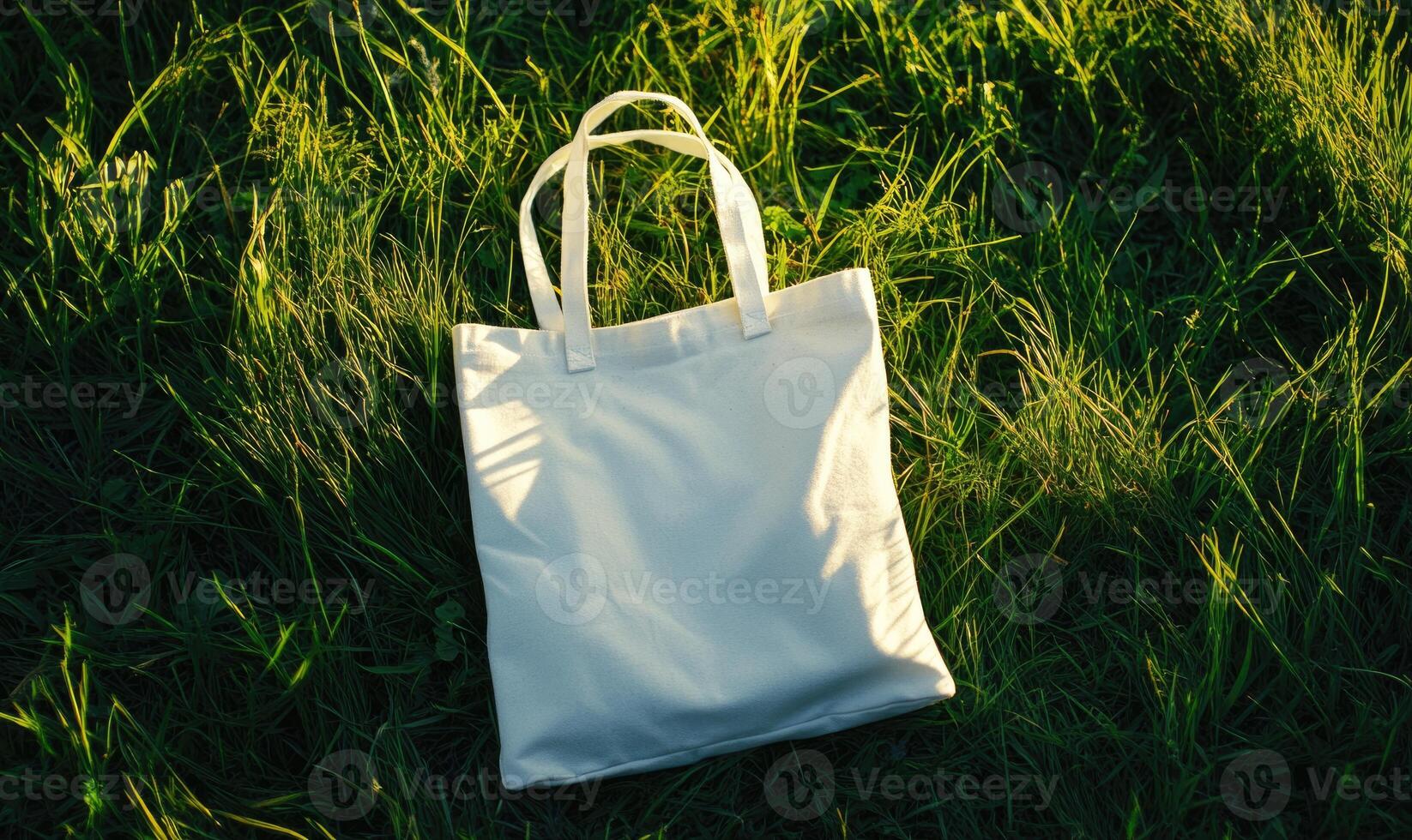 A white canvas bag is sitting on the grass photo