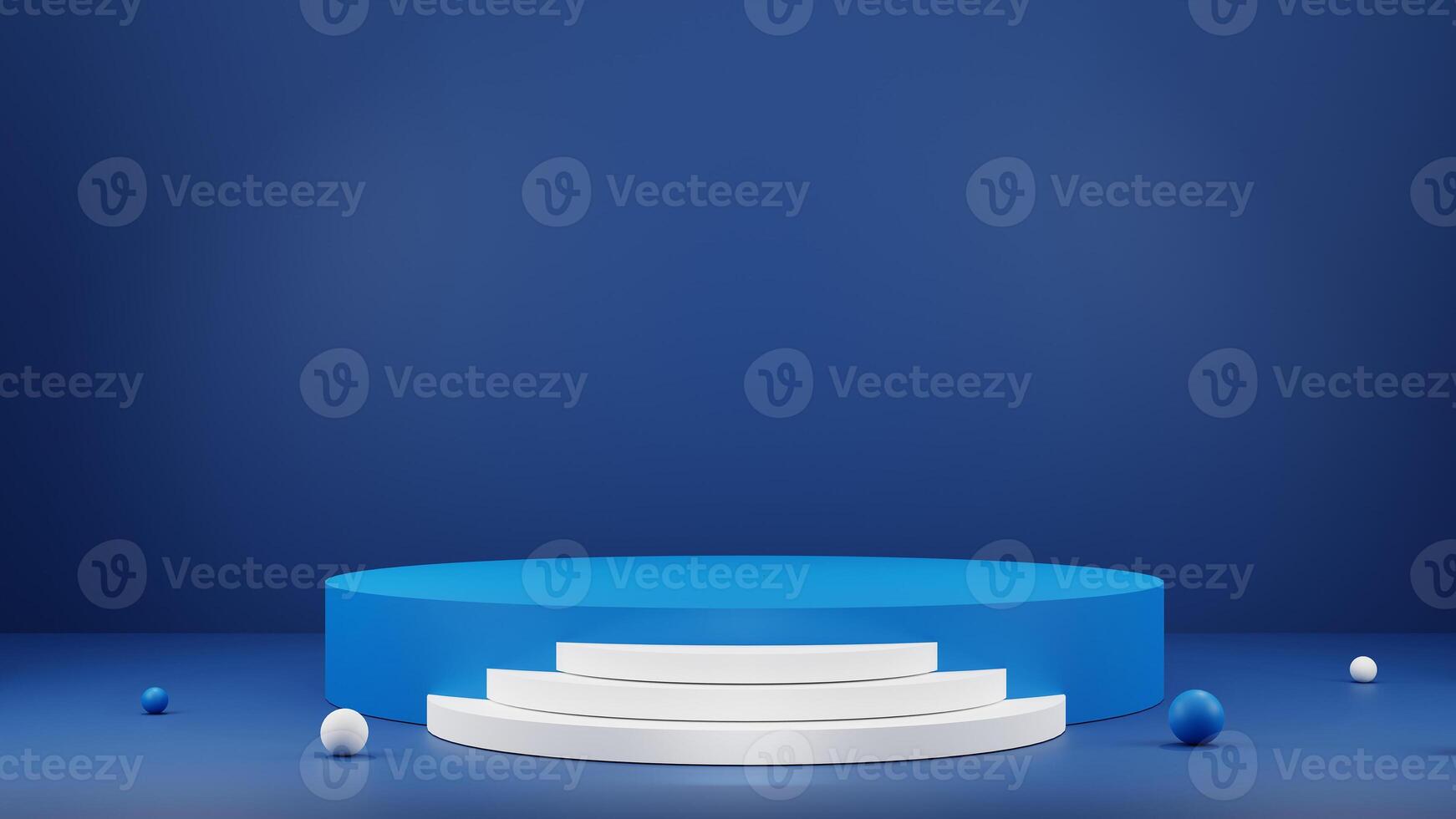 Blue podium with white steps and blue balls on a blue background photo